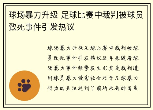 球场暴力升级 足球比赛中裁判被球员致死事件引发热议