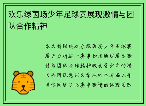 欢乐绿茵场少年足球赛展现激情与团队合作精神