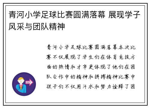 青河小学足球比赛圆满落幕 展现学子风采与团队精神