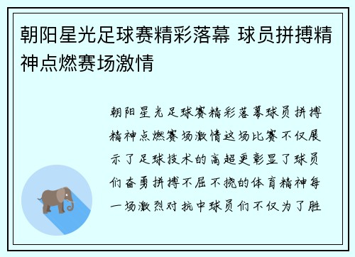 朝阳星光足球赛精彩落幕 球员拼搏精神点燃赛场激情
