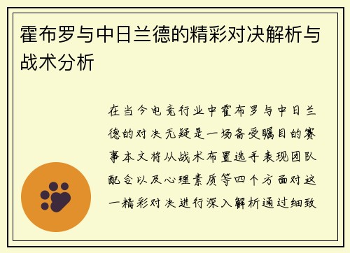 霍布罗与中日兰德的精彩对决解析与战术分析