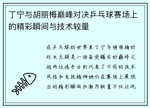 丁宁与胡丽梅巅峰对决乒乓球赛场上的精彩瞬间与技术较量