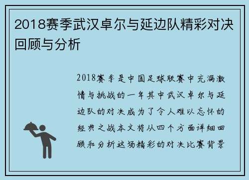 2018赛季武汉卓尔与延边队精彩对决回顾与分析