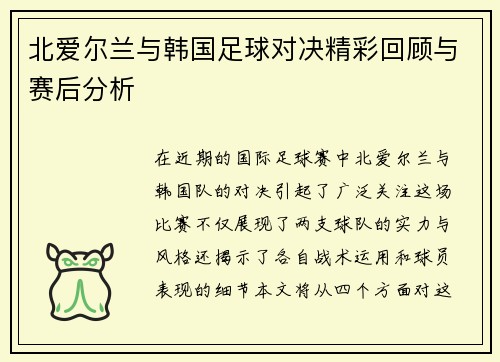 北爱尔兰与韩国足球对决精彩回顾与赛后分析