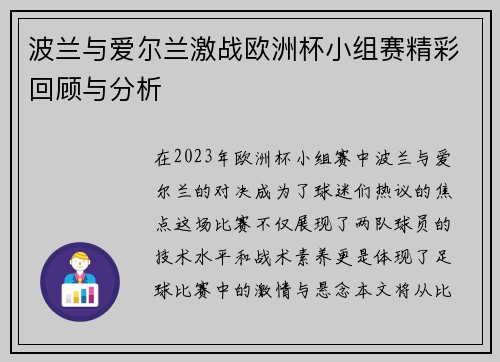波兰与爱尔兰激战欧洲杯小组赛精彩回顾与分析