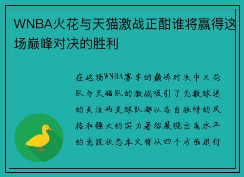 WNBA火花与天猫激战正酣谁将赢得这场巅峰对决的胜利